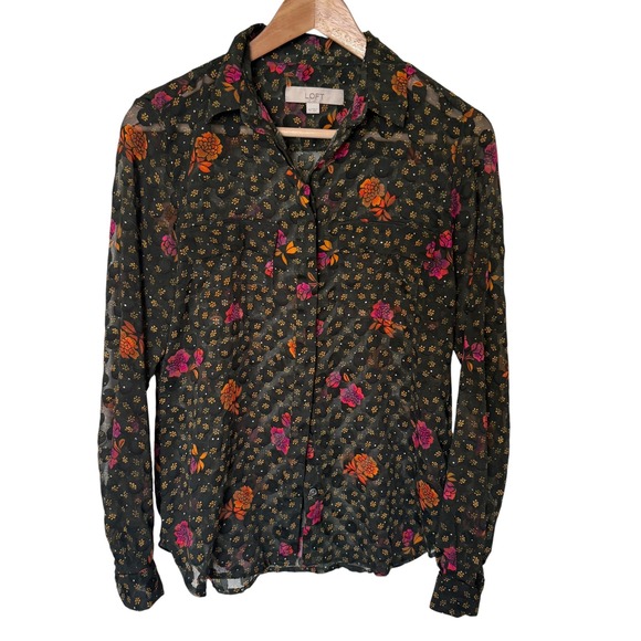LOFT Tops - LOFT Floral Blouse Womens XS Black Orange Sheer Clip Dot Button Down Excellent